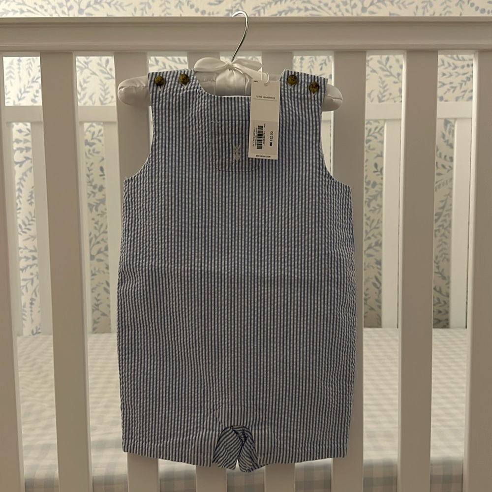 NWT Janie & Jack blue seersucker shortall romper size 12-18 months